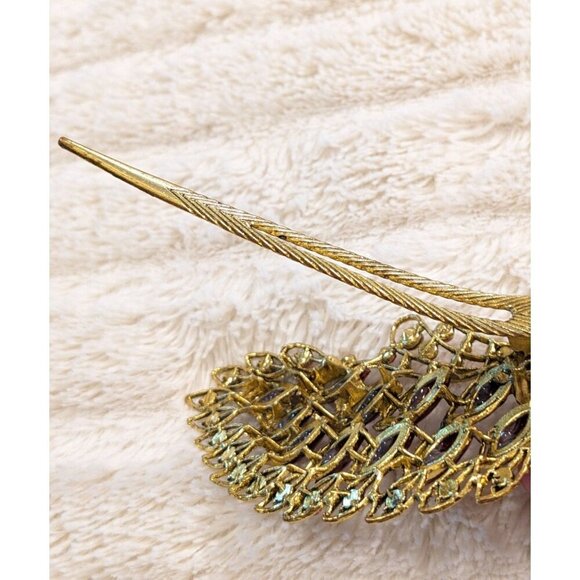 Vintage Hair Jewelry Clip Peacock Rhinestones Red Pink Faux Gems Gold Tone - Picture 5 of 5